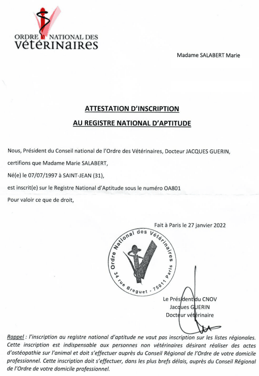 Attestation d’inscription au Registre National d’Aptitude délivrée à Marie Salabert par le Conseil national de l’Ordre des vétérinaires